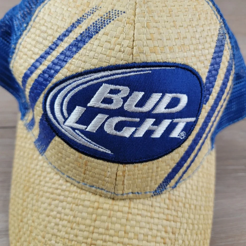 Bud Light Hat Beer Straw Trucker Cap Adjustable Blue Tan - Picture 5 of 8